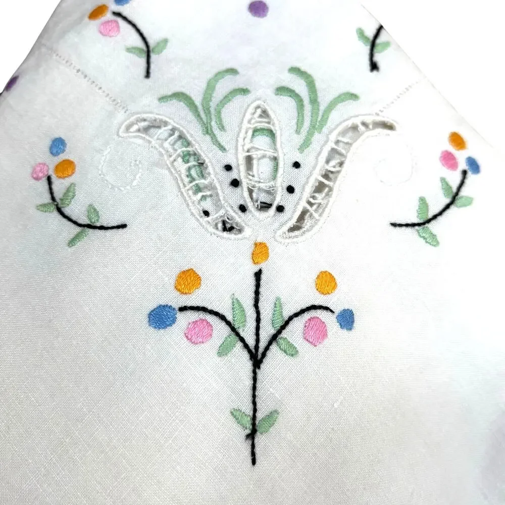 Vintage linen blend tablecloth topper embroidery cutwork creamy white square